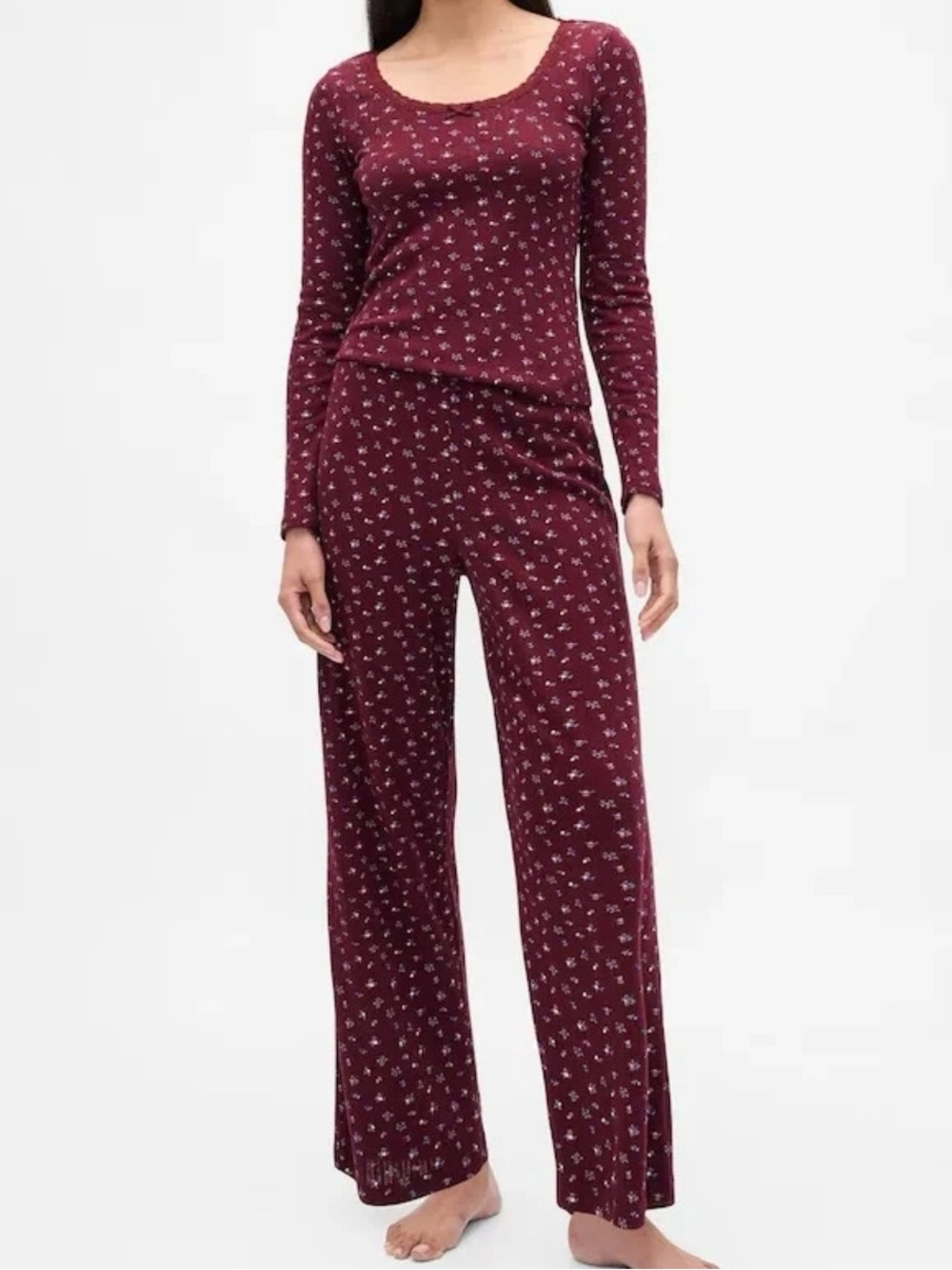 Gap Women’s Large Burgundy Floral Pointelle Long Sleeve Pants Pajama Set